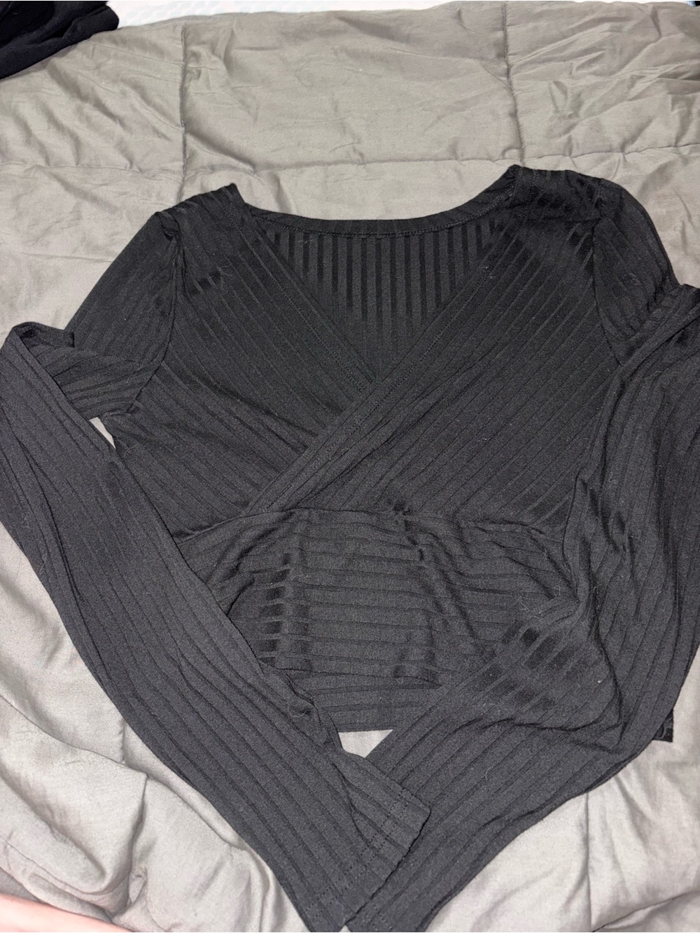 SHEIN Black Ribbed Wrap-Front Long Sleeve Top